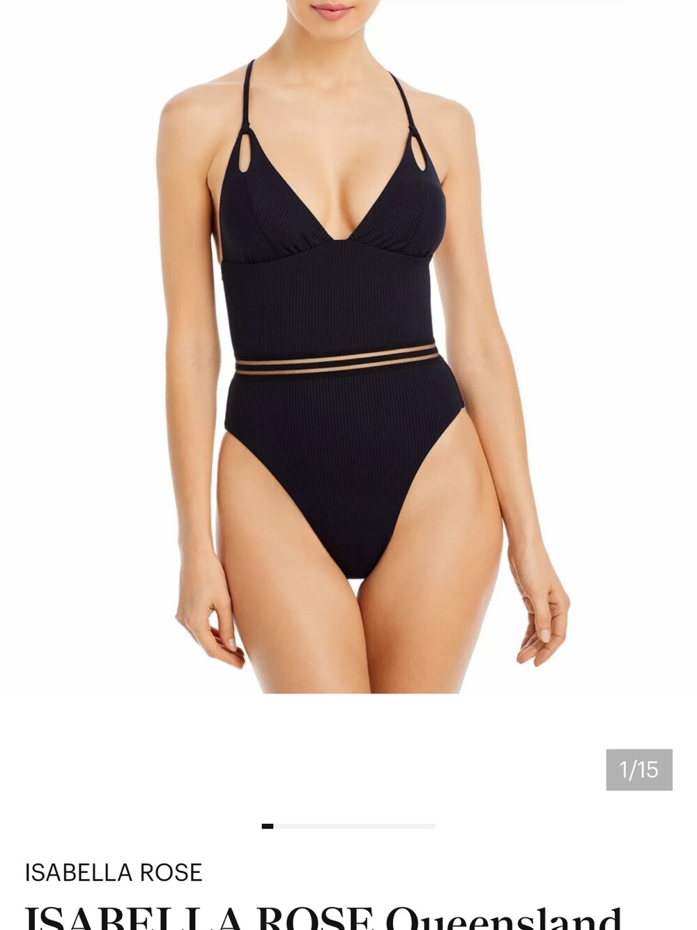 Isabella Rose Black Ribbed One-Piece Swimsuit with Sheer Waistband
